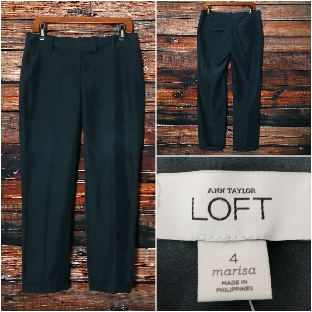 NWT Ann Taylor LOFT Pants 4 Marisa Ankle Cuffed Low Rise Silky Black Rayon
